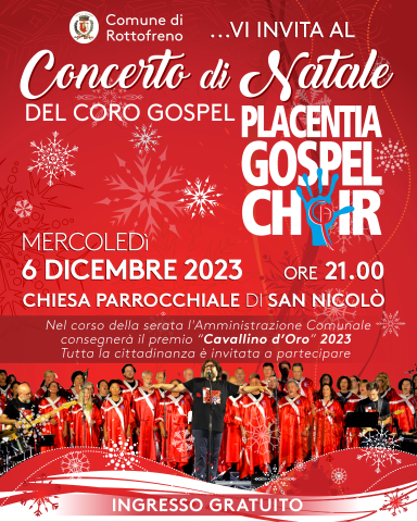 mercoledì 6 dicembre ore 21.00 Chiesa di San Nicolò concerto con il Placentia Gospel Choir e consegna del Cavallino d'Oro 2023
